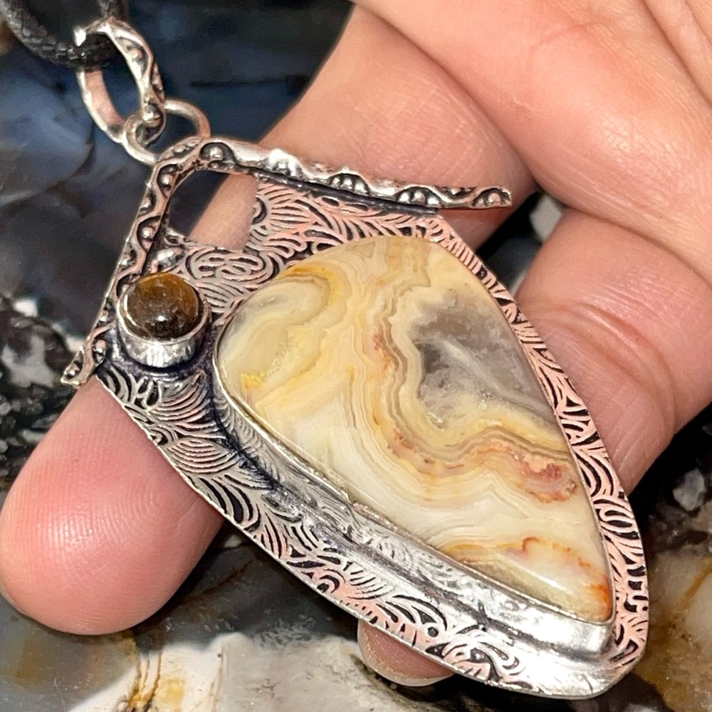 Crazy Lace Agate & Tiger Eye Pendant 2 7/8”